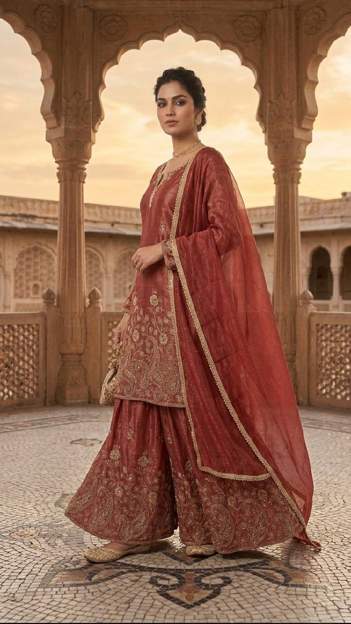 Urban Copper-Red Embroidered Flared Ensemble